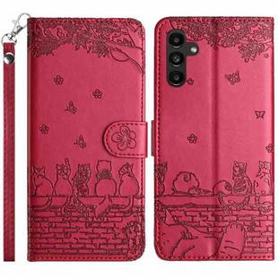 For Samsung Galaxy S24 FE 5G Cat Embossing Pattern Leather Phone Case with Lanyard(Red)