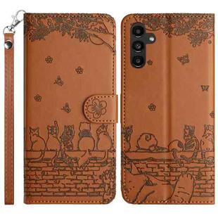 For Samsung Galaxy S24 FE 5G Cat Embossing Pattern Leather Phone Case with Lanyard(Brown)