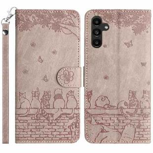 For Samsung Galaxy S24 FE 5G Cat Embossing Pattern Leather Phone Case with Lanyard(Grey)