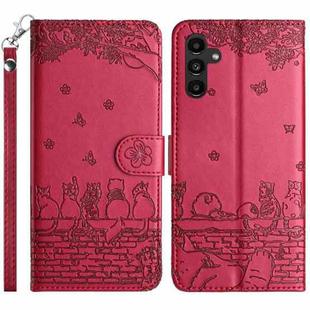 For Samsung Galaxy S25 5G Cat Embossing Pattern Leather Phone Case with Lanyard(Red)