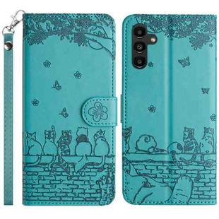 For Samsung Galaxy S25 5G Cat Embossing Pattern Leather Phone Case with Lanyard(Blue)