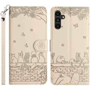 For Samsung Galaxy S25 5G Cat Embossing Pattern Leather Phone Case with Lanyard(Beige)