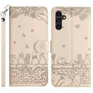 For Samsung Galaxy S25+ 5G Cat Embossing Pattern Leather Phone Case with Lanyard(Beige)