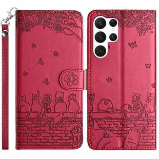 For Samsung Galaxy S25 Ultra 5G Cat Embossing Pattern Leather Phone Case with Lanyard(Red)