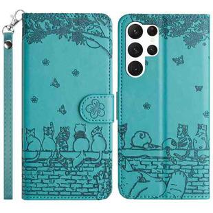 For Samsung Galaxy S25 Ultra 5G Cat Embossing Pattern Leather Phone Case with Lanyard(Blue)