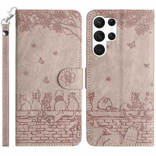 For Samsung Galaxy S25 Ultra 5G Cat Embossing Pattern Leather Phone Case with Lanyard(Grey)
