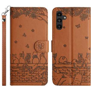 For Samsung Galaxy S25 FE 5G Cat Embossing Pattern Leather Phone Case with Lanyard(Brown)