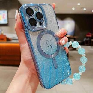 For iPhone 15 Pro Loves Leaves Gradient Glitter Bracelets Carbon Fiber Magsafe TPU Phone Case(Blue)