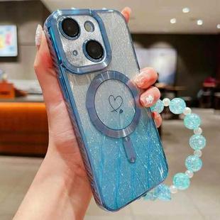 For iPhone 15 Loves Leaves Gradient Glitter Bracelets Carbon Fiber Magsafe TPU Phone Case(Blue)