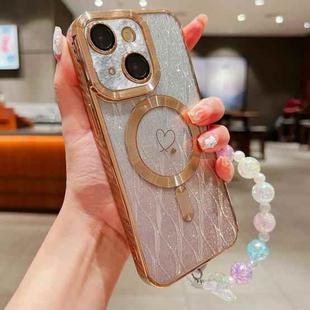 For iPhone 14 Plus Loves Leaves Gradient Glitter Bracelets Carbon Fiber Magsafe TPU Phone Case(Gold)