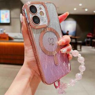 For iPhone 12 Loves Leaves Gradient Glitter Bracelets Carbon Fiber Magsafe TPU Phone Case(Pink)