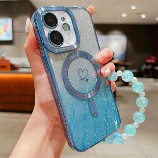 For iPhone 12 Loves Leaves Gradient Glitter Bracelets Carbon Fiber Magsafe TPU Phone Case(Blue)