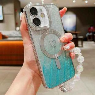 For iPhone 11 Loves Leaves Gradient Glitter Bracelets Carbon Fiber Magsafe TPU Phone Case(Green)