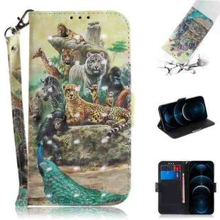For iPhone 12 Pro Max 3D Colored Drawing Horizontal Flip Leather Case with Holder & Card Slots & Wallet & Lanyard(Zoo)