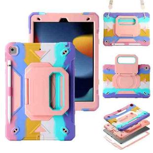 For iPad 10.2 2021 / 2020 / 2019 Legend Grip Holder Silicone Hybrid PC Tablet Case with Strap(Rainbow)