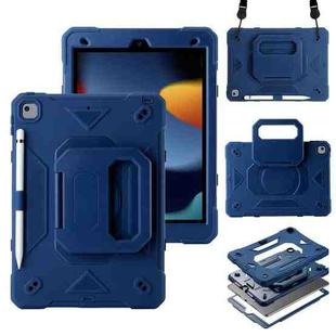 For iPad 10.2 2021 / 2020 / 2019 Legend Grip Holder Silicone Hybrid PC Tablet Case with Strap(Navy Blue)