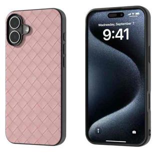 For iPhone 16 Black Frame Woven Texture PU Phone Case(Pink)