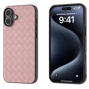 For iPhone 16 Plus Black Frame Woven Texture PU Phone Case(Pink)