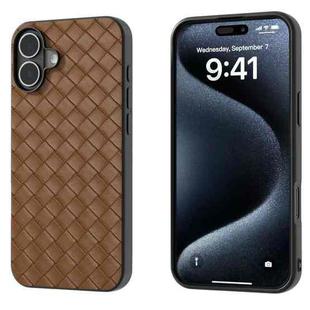 For iPhone 16 Plus Black Frame Woven Texture PU Phone Case(Brown)