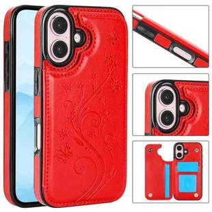 For iPhone 16 Plus Double Buckle Butterfly Embossing PU Phone Case(Red)