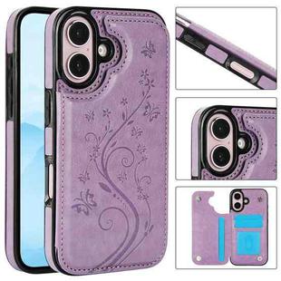 For iPhone 16 Plus Double Buckle Butterfly Embossing PU Phone Case(Purple)