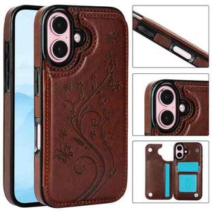 For iPhone 16 Plus Double Buckle Butterfly Embossing PU Phone Case(Brown)