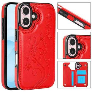 For iPhone 16 Double Buckle Butterfly Embossing PU Phone Case(Red)