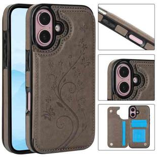 For iPhone 16 Double Buckle Butterfly Embossing PU Phone Case(Grey)