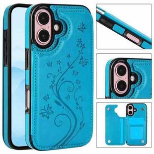For iPhone 16 Double Buckle Butterfly Embossing PU Phone Case(Blue)