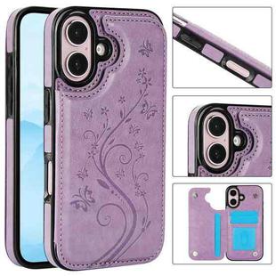 For iPhone 16 Double Buckle Butterfly Embossing PU Phone Case(Purple)