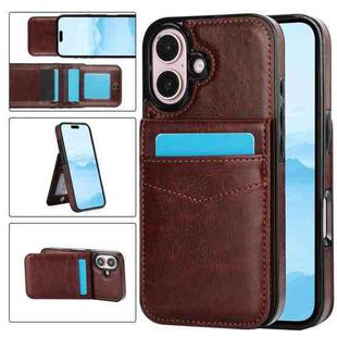 For iPhone 16 Solid Color Card Slots Bracket PU Phone Case(Brown)