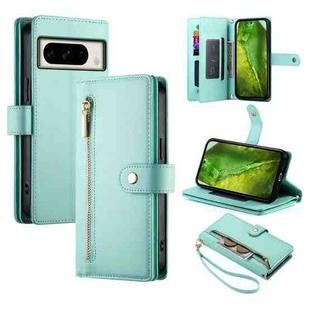 For Google Pixel 8a Nine Card-slot Zipper Wallet Bag Leather Phone Case(Mint Green)