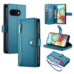 For Google Pixel 9a Nine Card-slot Zipper Wallet Bag Leather Phone Case(Blue)