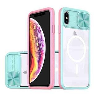 For iPhone XS Max Clear Acrylic + PC + TPU MagSafe Lens Sliding Cover Full Coverage Phone Case(Blue+Pink)