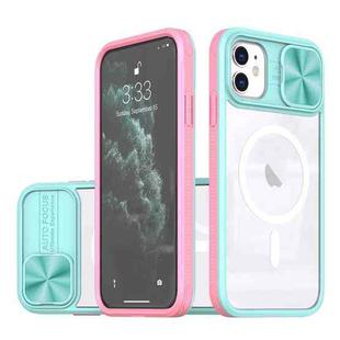 For iPhone 11 Clear Acrylic + PC + TPU MagSafe Lens Sliding Cover Full Coverage Phone Case(Blue+Pink)