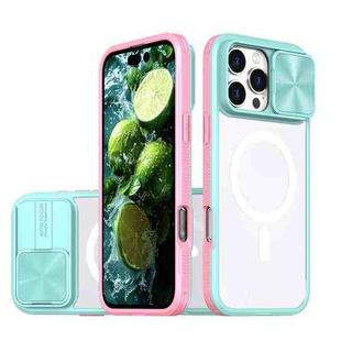 For iPhone 16 Pro Max Clear Acrylic + PC + TPU MagSafe Lens Sliding Cover Full Coverage Phone Case(Blue+Pink)