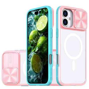 For iPhone 16 Plus Clear Acrylic + PC + TPU MagSafe Lens Sliding Cover Full Coverage Phone Case(Pink+Cyan)