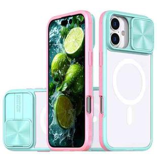 For iPhone 16 Plus Clear Acrylic + PC + TPU MagSafe Lens Sliding Cover Full Coverage Phone Case(Blue+Pink)