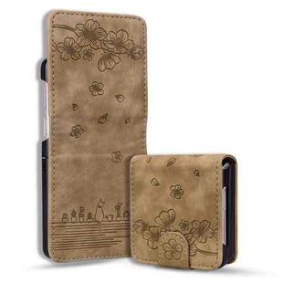 For Samsung Galaxy Z Flip6 Cartoon Sakura Cat Embossed Leather Phone Case(Brown)