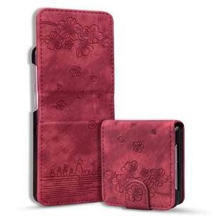 For Samsung Galaxy Z Flip5 Cartoon Sakura Cat Embossed Leather Phone Case(Wine Red)