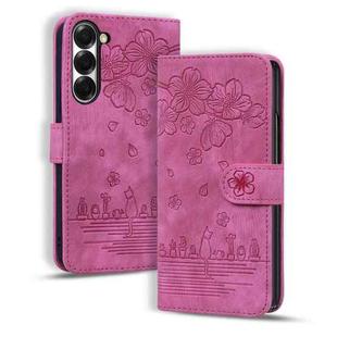 For Samsung Galaxy Z Fold6 Cartoon Sakura Cat Embossed Leather Phone Case(Rose Red)