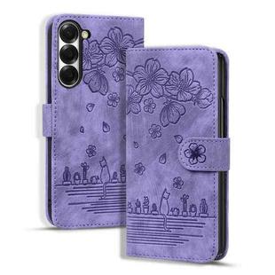 For Samsung Galaxy Z Fold6 Cartoon Sakura Cat Embossed Leather Phone Case(Purple)