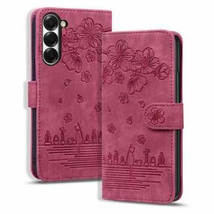 For Samsung Galaxy Z Fold6 Cartoon Sakura Cat Embossed Leather Phone Case(Wine Red)