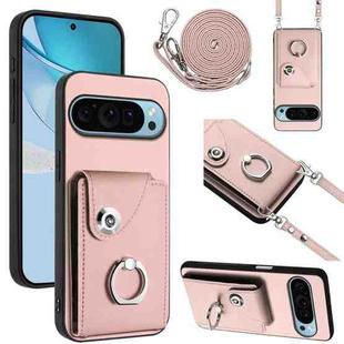 For Google Pixel 9 Organ Card Bag Ring Holder Phone Case with Long Lanyard(Pink)