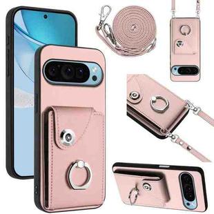 For Google Pixel 9 Pro Organ Card Bag Ring Holder Phone Case with Long Lanyard(Pink)