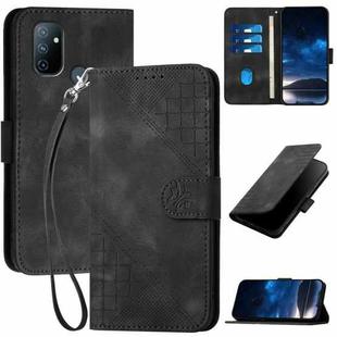 For OnePlus Nord N100 YX0080 Grid Butterfly Embossed Pattern Flip Leather Phone Case with Lanyard(Black)