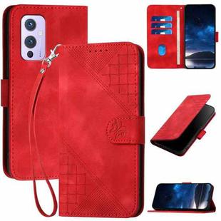 For OnePlus 9 YX0080 Grid Butterfly Embossed Pattern Flip Leather Phone Case with Lanyard(Red)