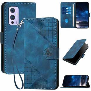 For OnePlus 9 YX0080 Grid Butterfly Embossed Pattern Flip Leather Phone Case with Lanyard(Dark Blue)