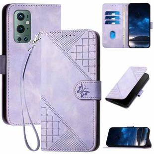 For OnePlus 9 Pro YX0080 Grid Butterfly Embossed Pattern Flip Leather Phone Case with Lanyard(Light Purple)