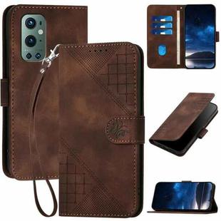 For OnePlus 9 Pro YX0080 Grid Butterfly Embossed Pattern Flip Leather Phone Case with Lanyard(Coffee)